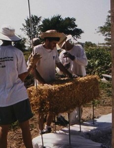 Timeline 1998: Cecil laying the first bale at Allium, Dancing Rabbit's first straw bale house.